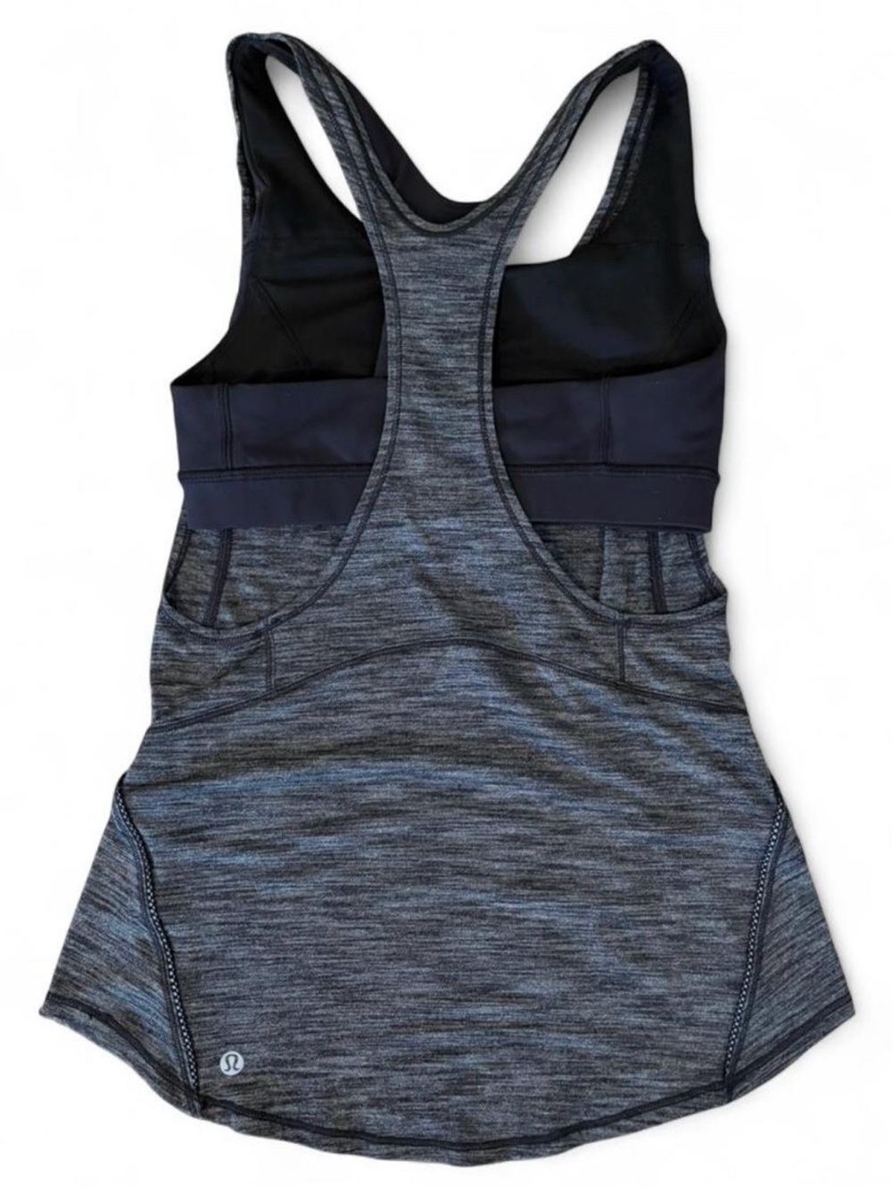 Lululemon Sz. 4 heathered gray tank top with black attached sports bra.